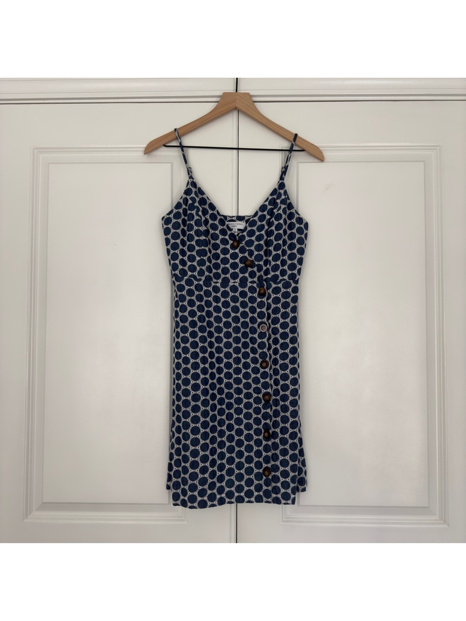 Waverly Grey Button Down Eyelet Circle Pattern Mini Dress Adjustable Spaghetti S